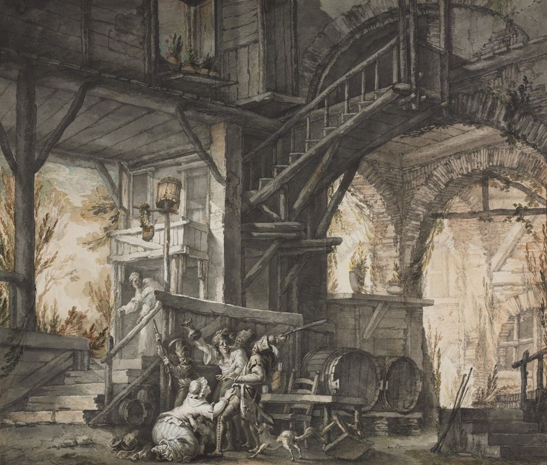 Scène ancienne sous des arches, avec ouvriers et tonneaux dans une cour