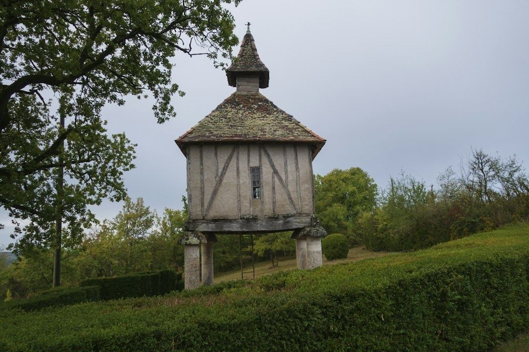Ancien pigeonnier en pierre et bois dans un jardin arboré